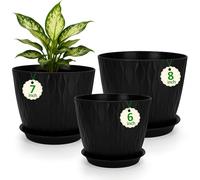 CSYY Plant Pots Indoor, Plastic Planters with Drainage Holes and Saucer, Decorative Stripe Grooves Flower Pots for Indoor Outdoor Houseplants (Black, 8/7/6in)
