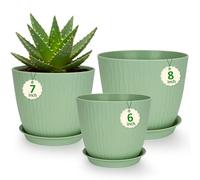 CSYY Plant Pots Indoor, Plastic Planters with Drainage Holes and Saucer, Decorative Stripe Grooves Flower Pots for Indoor Outdoor Houseplants (Green, 8/7/6in)