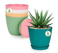 CSYY Plant Pots Indoor, Plastic Planters with Drainage Holes and Saucer, Decorative Stripe Grooves Flower Pots for Indoor Outdoor Houseplants (Colorful, 6in)