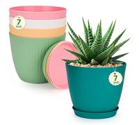 CSYY Plant Pots Indoor, Plastic Planters with Drainage Holes and Saucer, Decorative Stripe Grooves Flower Pots for Indoor Outdoor Houseplants (Colorful, 7in)