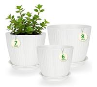 CSYY Plant Pots Indoor, Plastic Planters with Drainage Holes and Saucer, Decorative Stripe Grooves Flower Pots for Indoor Outdoor Houseplants (White, 8/7/6in)