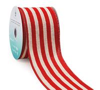 CT CRAFT LLC Ivory Canvas with Red Stripe Wired Ribbon - 2.5" x 10 Yards x 1 Roll
