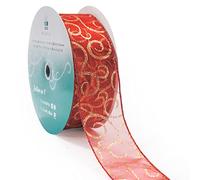 CT CRAFT LLC Red Organza with Gold Glitter Swirl Wired Ribbon - 2.5" x 50 Yards, for Christmas Home Decor, Gift Wrapping, Bow Making, Wreath, DIY Crafts