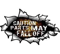 CT Design Caution Parts May Fall Off Funny Slogan with OVAL RIPPED OPEN TORN METAL Effect Motif Vinyl Car Sticker 150x90mm