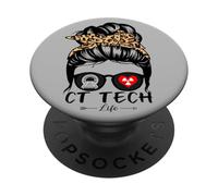 CT Tech Messy Bun Hair Funny Leopard Technologist PopSockets Adhesive PopGrip