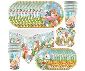 CTALBFF 61 PCS Easter Party Tableware, Easter Bunny Themed Disposable Plates & Napkins Set, Includes 10*9in & 10*7in Plates, 12*9oz Cups, 24 Napkins, 1 Tablecloth, Multi-Color