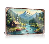 CTDF Man Cave Decorations Serene Cabin By The River With Snow-Capped Mountains In The Backg Tin Sign Vintage Funny Tin Sign Man Cave Decorations(20X30CM)