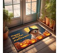 CTDF Mat In House Golden Pup In Witch Hat Celebrates Spooky Halloween Night Doormat Weather Mats For House Emo Room Decor(65X90CM)