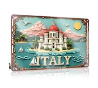 CTDF Metal Decor For Home Bar Vintage Italian Coastal Castle Scene With Palm Trees And Sailboat Tin Sign Bar Open Metal Sign Tin Metal Decor(20X30CM)