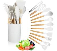 CTDMJ Kitchen Utensil Set 12 PCS Silicone Cooking Utensils Set with Wooden Handle Non-Stick Cooking Spoons Utensil Sets Silicone Kitchen Utensils Set Heat Resistant Kitchen Tools (White)