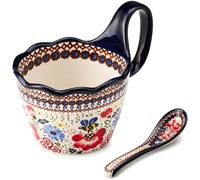 Cteaffee Ceramic Soup Bowl and Mug Set 14oz, Hand-Painted Floral Stoneware Coffee Cup with Spoon, Large Soup Bowls with Handle, Microwave & Dishwasher Safe Polish Pottery Style (Red Flowers)