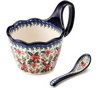 Cteaffee Ceramic Soup Bowl and Mug Set 14oz, Hand-Painted Floral Stoneware Coffee Cup with Spoon, Large Soup Bowls with Handle, Microwave & Dishwasher Safe Polish Pottery Style (Daisies)