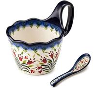 Cteaffee Ceramic Soup Bowl and Mug Set 14oz, Hand-Painted Floral Stoneware Coffee Cup with Spoon, Large Soup Bowls with Handle, Microwave & Dishwasher Safe Polish Pottery Style (Orchids)