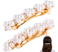 CTEAKOP 2 Pcs Pearl Hair Clips, Pearl-Embellished Barrette, Elegant Rhinestone Pearls Barrettes for Women, Party, Wedding, Daily Use, Graduation (Gold)