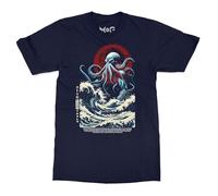 Cthulhu Scary Japanese Octopus Monster Art T-Shirt - Men - 5XL - Navy - Lovecraft Fantasy Gothic Tee - Hokusai The Great Wave Kanagawa T-Shirt