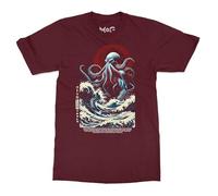 Cthulhu Scary Japanese Octopus Monster Art T-Shirt - Men - L - Maroon - Lovecraft Fantasy Gothic Tee - Hokusai The Great Wave Kanagawa T-Shirt