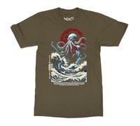 Cthulhu Scary Japanese Octopus Monster Art T-Shirt - Men - M - Army Green - Lovecraft Fantasy Gothic Tee - Hokusai The Great Wave Kanagawa T-Shirt