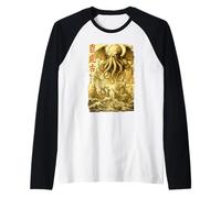 Cthulhu Sea Battle Vintage Japanese War Ship Sea Monster Raglan Baseball Tee