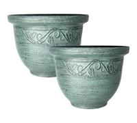 CTI Living Set of 2 Round 30cm 12 Inch Garden Plant Pot Green Turquoise Flower Outdoor Bell Planter Weatherproof Drainage Hole