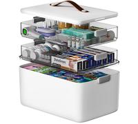 CTIME Extra Large Medicine Storage Box - 3-Tier Medication Organizer with Portable Leather Handle, 14.6 x 10.6 x 10.8 in Family First Aid Medicine Box for Home and Travel