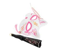 CTIRCHIU 1Set Hand Painted Halloween Fox Mask with Folding Hand Fan Traditional Japanese Half Face Cosplay Accessory for Stage Performances Parties and Festivals