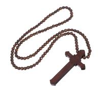 CTIRCHIU Wooden Cross Pendant Necklace with Brown Beads for Men Women, Religious Christian Baptism Jewelry, Bible Verse Prayer Rosary Necklace for Church and Car Hanging