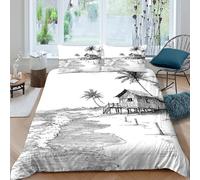 CTJQHVKZ 3D Printed Beach Hut Fitted Sheet Microfiber Soft Breathable Palm Tree Mattress Cover for Bedroom Guest Room Decor Single（135x200cm）