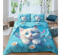 CTJQHVKZ 3D Printed Blue Cat Fitted Sheet Microfiber Soft Bedroom Decor Daisy Flower Bed Cover for Home Guest Room Single（135x200cm）
