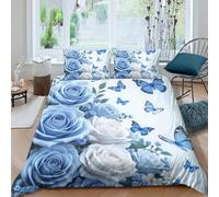 CTJQHVKZ 3D Printed Blue Rose Fitted Sheet Microfiber Soft Breathable Butterfly Bed Cover for Bedroom Guest Room Mattress Protection Decor Single（135x200cm）