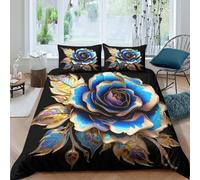CTJQHVKZ 3D Printed Blue Rose Fitted Sheet Microfiber Soft Gold Leaf Bed Cover Artistic Bedroom Decor Anti-Slip Easy Care for Home Guest Room Single（135x200cm）