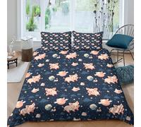 CTJQHVKZ 3D Printed Cartoon Pig Fitted Sheet Microfiber Soft Breathable Navy Blue Star Moon Mattress Cover for Bedroom Home Decor Single（135x200cm）