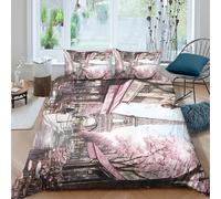 CTJQHVKZ 3D Printed Cherry Blossom Park Fitted Sheet Microfiber Soft Pink Brown River Bridge Mattress Cover for Bedroom Home Decor Single（135x200cm）