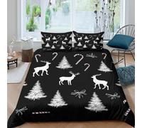 CTJQHVKZ 3D Printed Christmas Elk Fitted Sheet Microfiber Soft Black White Pine Tree Bed Cover for Bedroom Dorm Mattress Protection Decor Single（135x200cm）