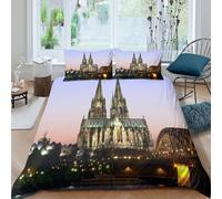 CTJQHVKZ 3D Printed Cologne Cathedral Night View Fitted Sheet Microfiber Bed Sheet Anti-Slip Easy Care Bedroom Decor Single（135x200cm）
