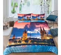 CTJQHVKZ 3D Printed Cologne Skyline Fitted Sheet Microfiber Colourful Sunset Bed Cover for Bedroom Guestroom Dorm Decor Mattress Protection Single（135x200cm）