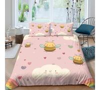 CTJQHVKZ 3D Printed Cute Bee Cloud Fitted Sheet Microfiber Soft Pink Cartoon Heart Mattress Cover for Bedroom Dorm Decor Single（135x200cm）