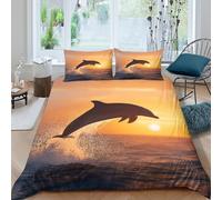 CTJQHVKZ 3D Printed Dolphin Sunset Fitted Sheet Microfiber Soft Orange Yellow Mattress Cover Bedroom Decor Anti-slip Washable Single（135x200cm）