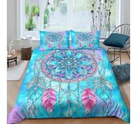 CTJQHVKZ 3D Printed Dreamcatcher Fitted Sheet Microfiber Soft Blue Pink Feather Mandala Bed Cover for Bedroom Dorm Mattress Protection Single（135x200cm）
