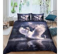 CTJQHVKZ 3D Printed Elegant Swan Fitted Sheet Microfiber Soft Navy Blue Water Reflection Bed Cover for Bedroom Guestroom Decor Single（135x200cm）