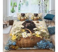 CTJQHVKZ 3D Printed Floral Basket Fitted Sheet Microfiber Soft Brown Dog Daisy Mattress Cover Bedroom Decor Washable Single（135x200cm）