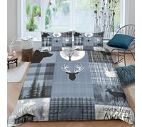 CTJQHVKZ 3D Printed Forest Deer Fitted Sheet Microfiber Grey Blue Plaid Moon Mattress Cover for Bedroom Guest Room Dorm Decor Single（135x200cm）