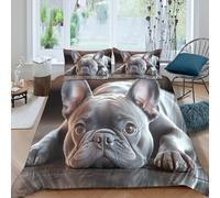 CTJQHVKZ 3D Printed French Bulldog Fitted Sheet Microfiber Soft Grey Dog Pattern Bed Sheet for Bedroom Living Room Decor Single（135x200cm）