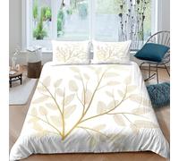 CTJQHVKZ 3D Printed Golden Leaf Fitted Sheet Microfiber Soft Non-Slip White Botanical Mattress Cover for Bedroom Guest Room Decor Single（135x200cm）