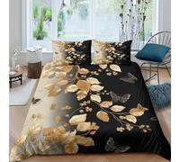 CTJQHVKZ 3D Printed Golden Leaf Pattern Fitted Sheet Microfiber Soft Black Gradient Bed Cover for Bedroom Guest Room Decor Single（135x200cm）