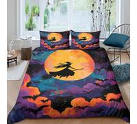 CTJQHVKZ 3D Printed Halloween Witch Fitted Sheet Microfiber Soft Decor Orange Moon Bat Mattress Cover for Bedroom Guest Room Single（135x200cm）