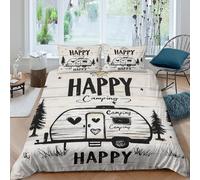 CTJQHVKZ 3D Printed Happy Camping Caravan Fitted Sheet Microfiber Soft Black White Forest Bed Sheet Bedroom Decor Mattress Cover Single（135x200cm）