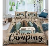 CTJQHVKZ 3D Printed Happy Camping Fitted Sheet Microfiber Forest Caravan Bed Sheet for Bedroom Guest Room Mattress Protection Decor Single（135x200cm）