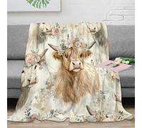 CTJQHVKZ 3D Printed Highland cows Bedding Throw Microfiber Soft Warm Bedding Cosy Floral wreath art Bedding Blanket Wrinkle Resistant Non Pilling for Adults Couples Households 80×90inch(200x230cm)