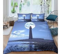 CTJQHVKZ 3D Printed Lighthouse Moon Fitted Sheet Microfiber Soft Blue Ocean Mattress Cover for Bedroom Guest Room Decor Single（135x200cm）