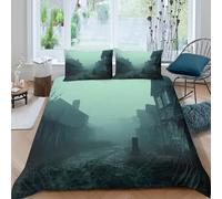 CTJQHVKZ 3D Printed Misty Forest Fitted Sheet Microfiber Soft Green Foggy Village Mattress Cover Bedroom Home Decor Single（135x200cm）